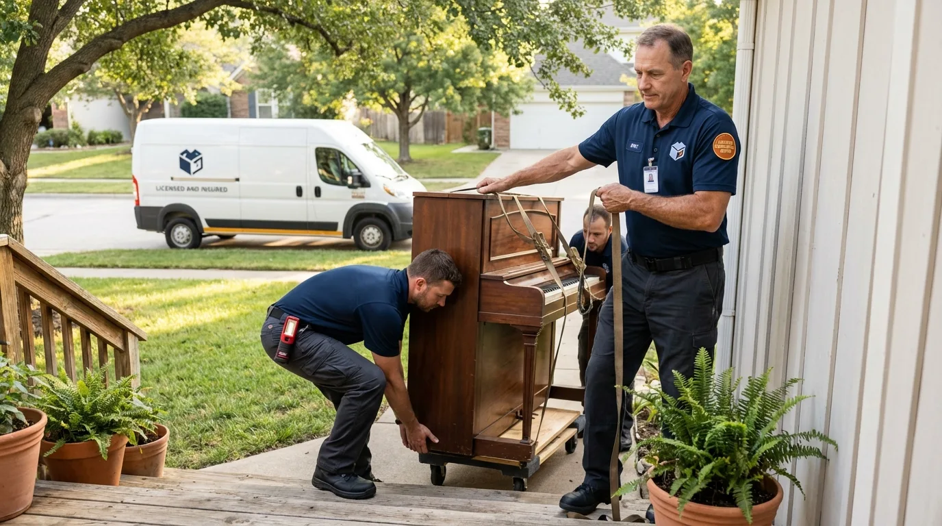 Licensed piano movers securing grand piano in Brewster, NY