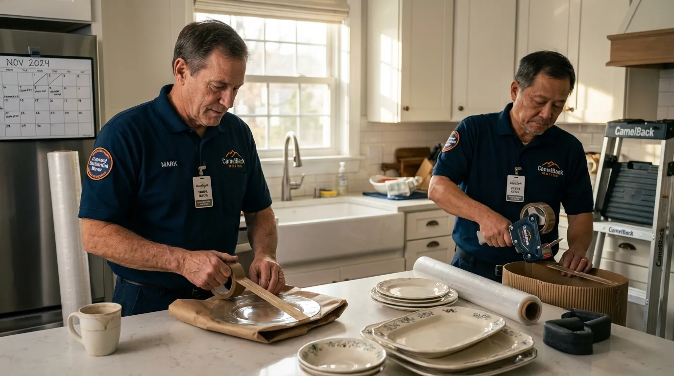 Professional crew packing kitchen dishware in Brewster, NY